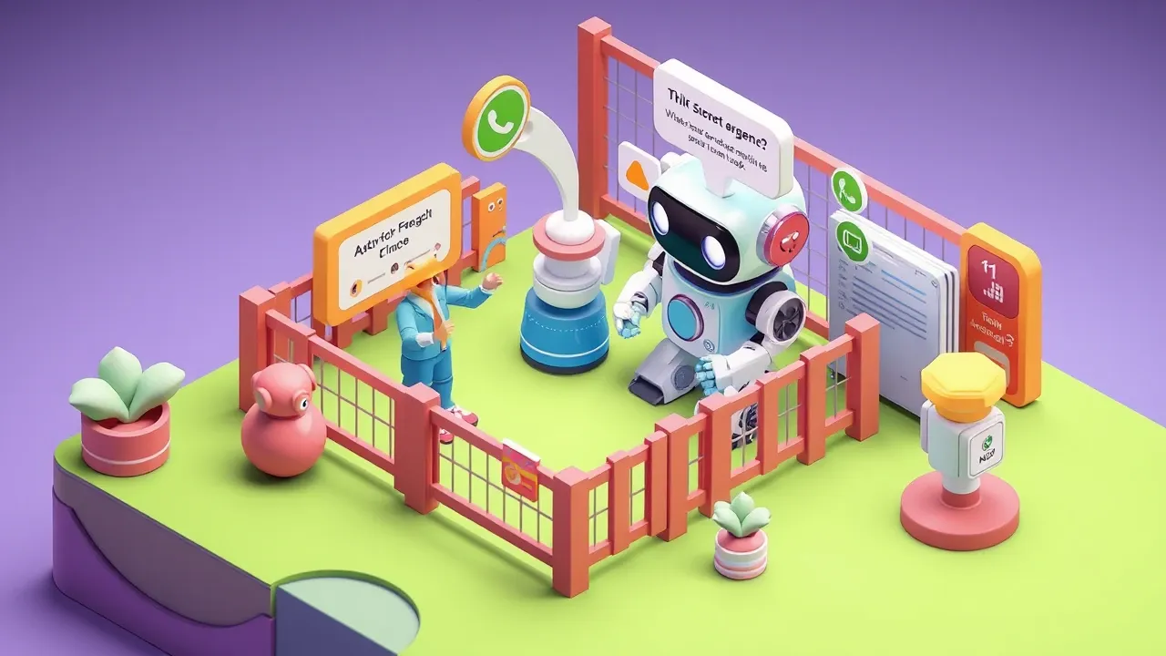 Isometric 3d miniature of a person building a support agent by chatting with a robot that connects itself to WhatsApp and a knowledge base, inside a governance fence with shields and an audit log, violet and lime green palette