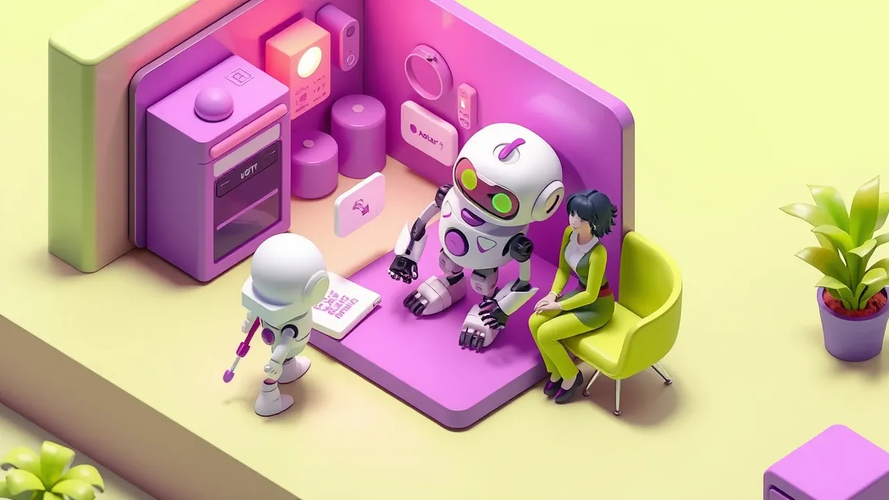 Isometric 3d manager talking to a robot that assembles itself from her description, no code or tangled wires, violet and lime green palette