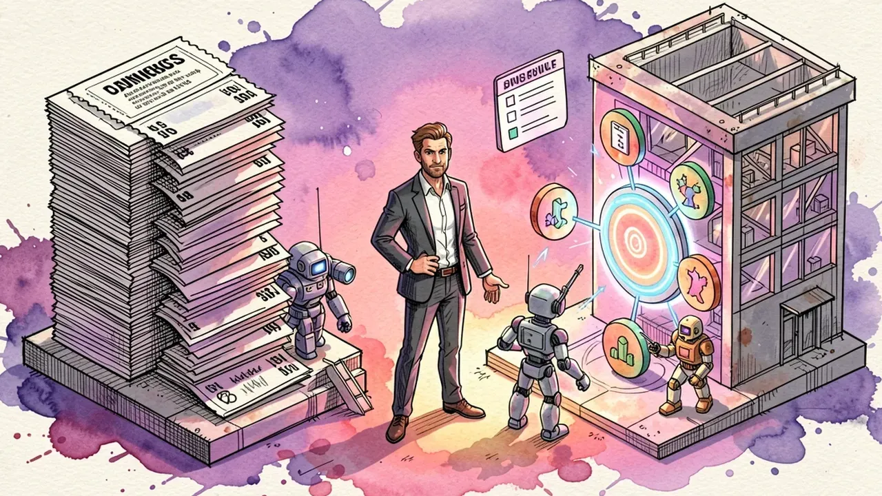 Isometric diorama of a confident business owner standing between two platforms, a stacked ticket tower and a circular hub connected to several channels, a checklist floating beside them, violet sunrise light