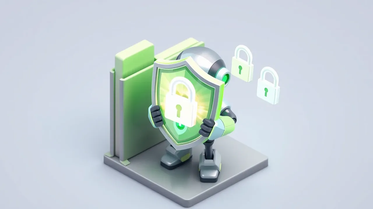 A guardian robot holding a translucent shield in front of a document folder, blocking padlock icons, green and graphite palette