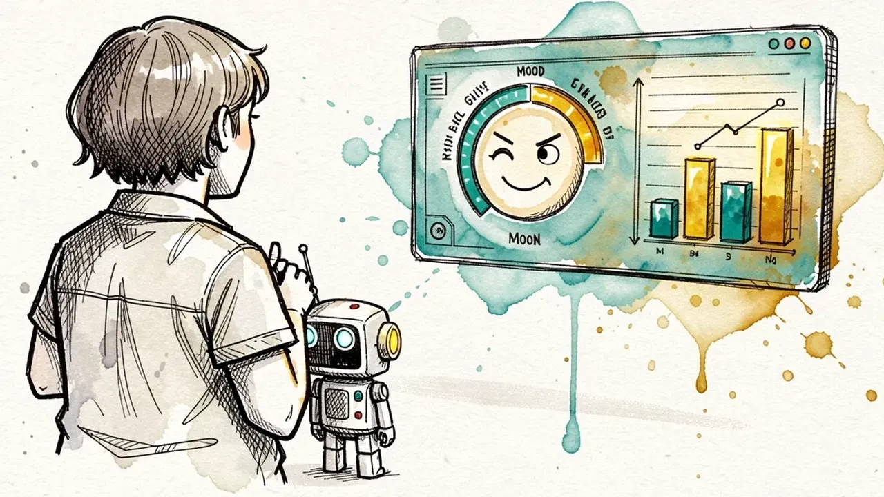 Person and robot looking at a dashboard with a mood gauge between a frowning and a smiling face, with bar charts beside it, teal and gold watercolor