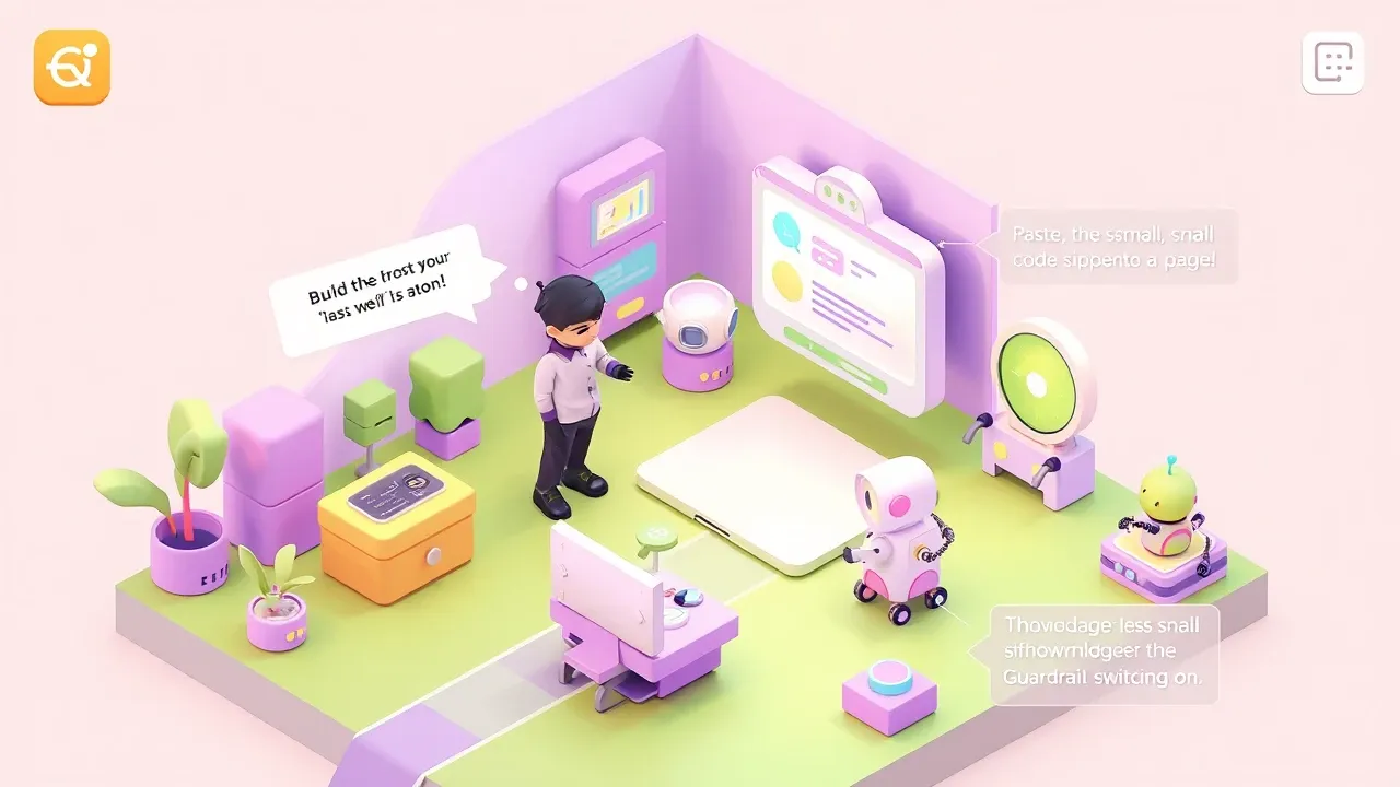 Isometric 3d mobile game art, a person building an AI agent by chatting with a robot and pasting a small code snippet into a page, the chat window appearing on the site instantly, a knowledge base uploading and a guardrail shield switching on, violet and lime-green palette