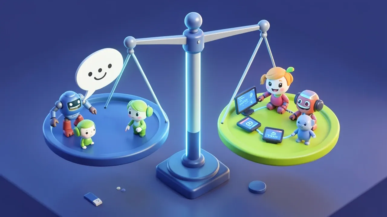 Isometric diorama of a scale dividing two scenarios, on one side a simple question bubble, on the other a chain of tasks connected to systems, indigo and lime palette