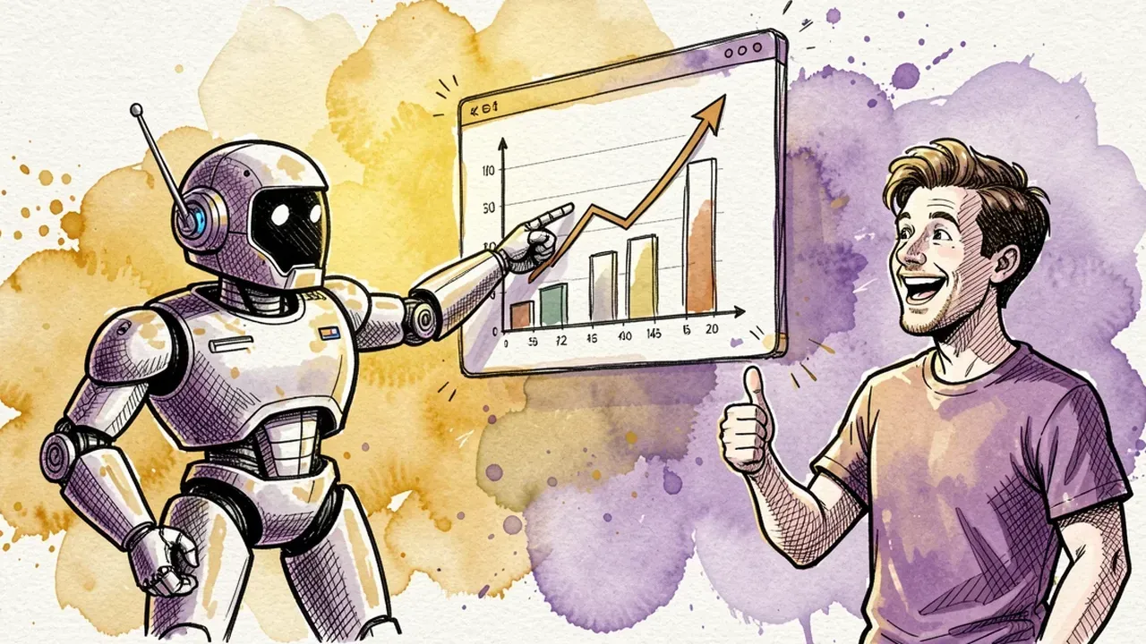 Robot agent pointing at a rising chart on a floating screen while a smiling customer gives a thumbs up, watercolor illustration