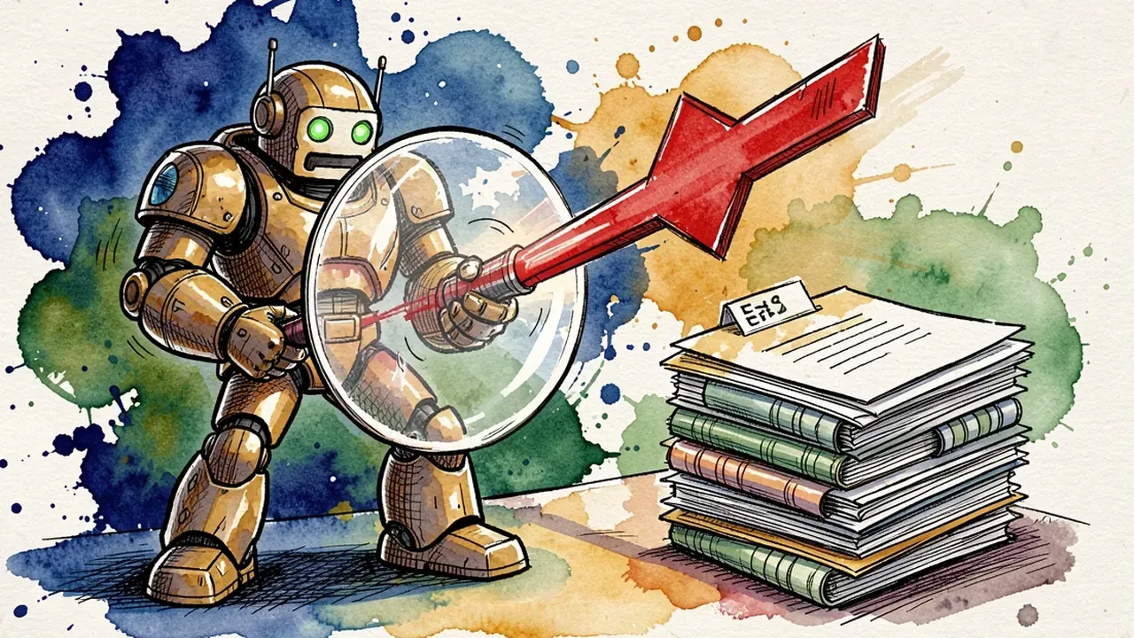 Robot guardian holding a shield, blocking a red overspending arrow aimed at a stack of budget folders, watercolor illustration