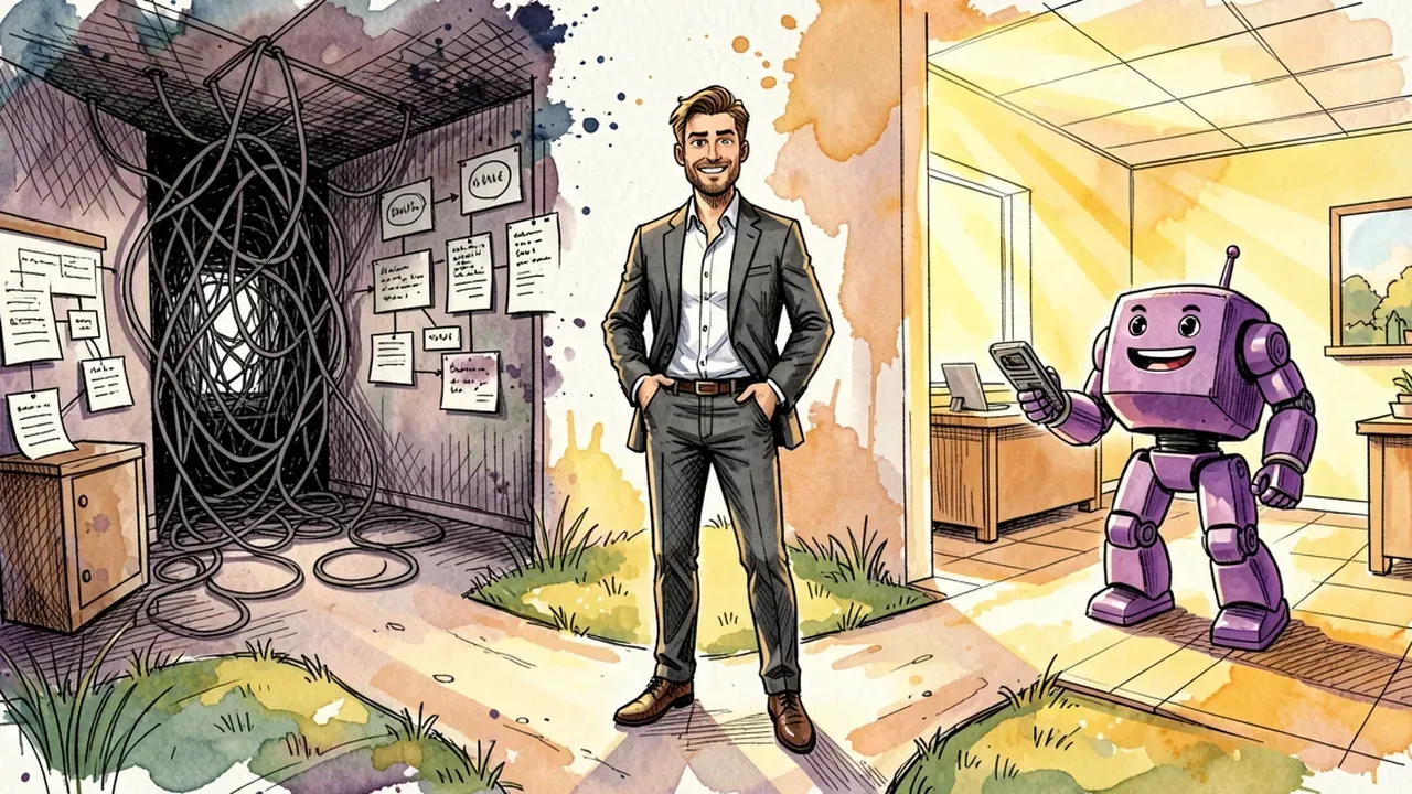 Isometric diorama of a confident business owner standing at a fork in the road, one path leading to a room full of tangled flowcharts and the other to a simple room with a violet robot ready to work, sunrise light