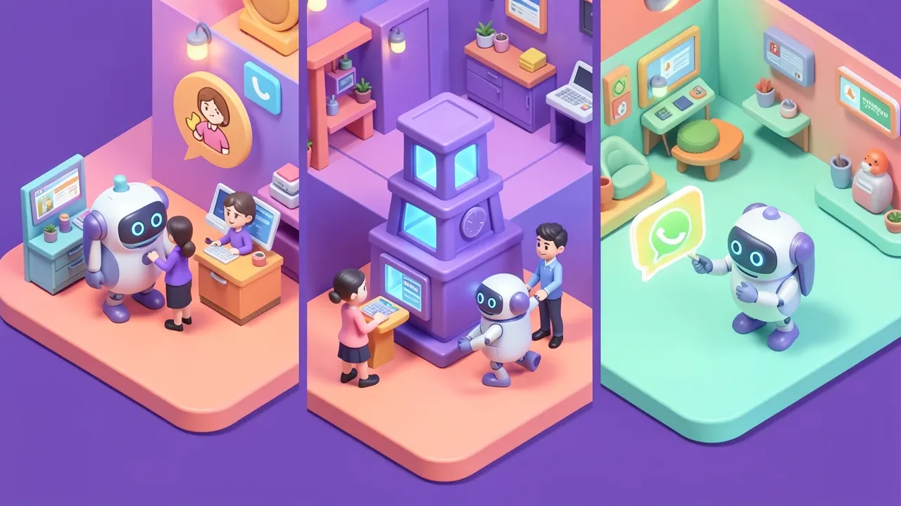 Wide isometric diorama split into three cozy zones, a sales robot chatting with a customer icon, an HR robot guiding a new employee figure, a support robot answering a glowing WhatsApp bubble, all zones connected to a central violet hub tower, rich multi-zone violet coral and mint palette
