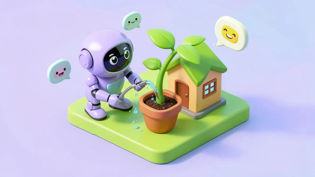 Isometric 3d robot watering a plant growing in the shape of a house inside a pot, follow-up message bubbles floating around it, lilac and lime green palette