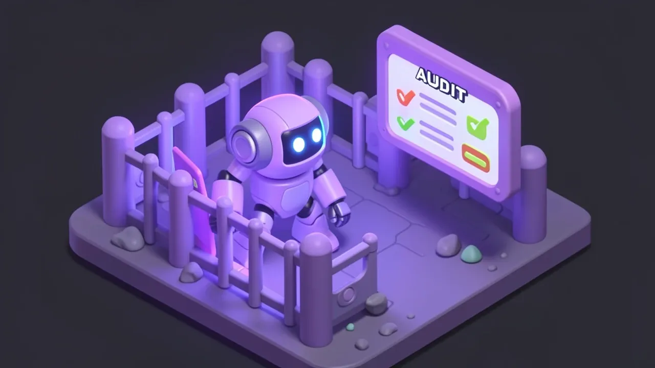 Isometric diorama of an agent robot working inside a glowing fence with a floating audit panel beside it, brand purple and dark gray palette