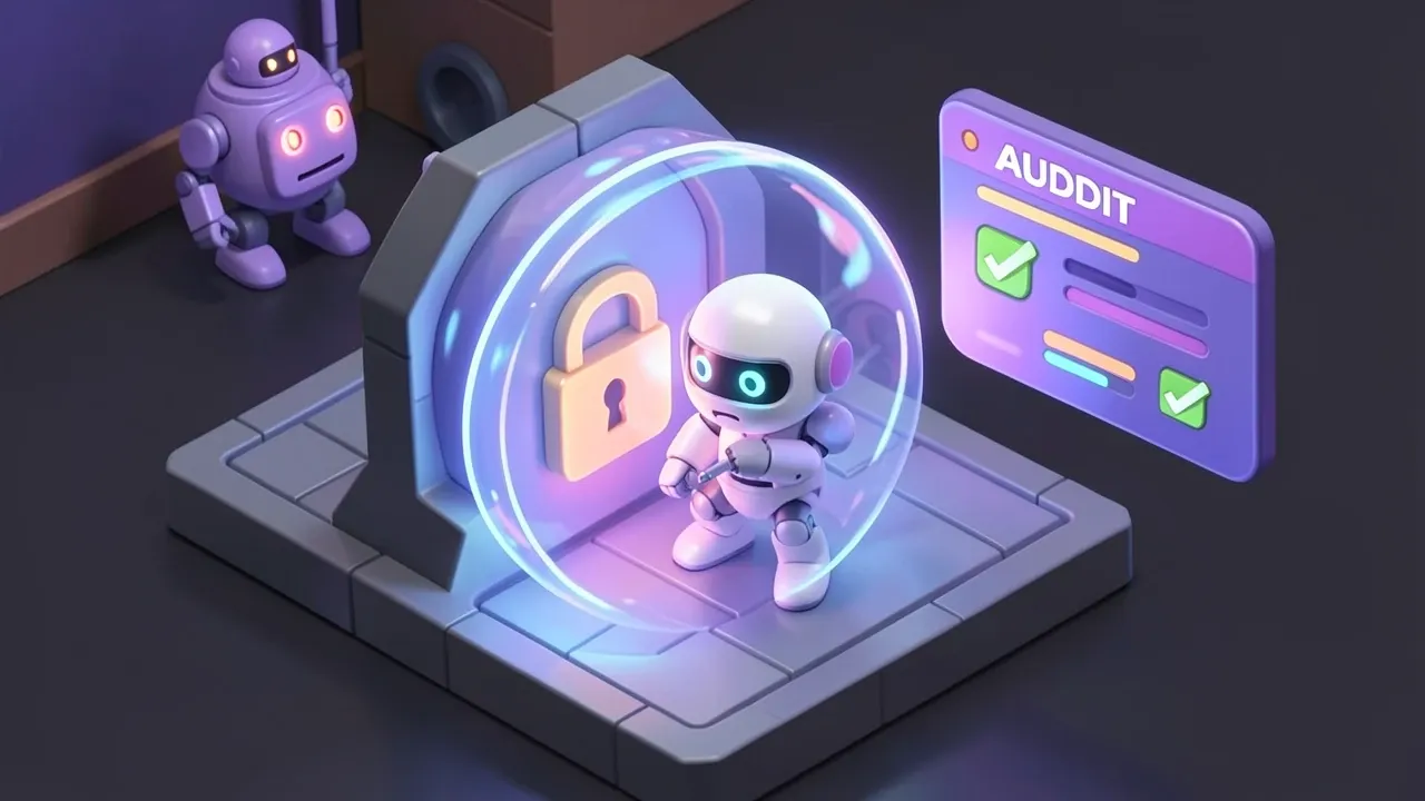 Isometric diorama of an agent robot working inside a translucent vault with a padlock and an audit panel beside it, brand purple and dark gray palette