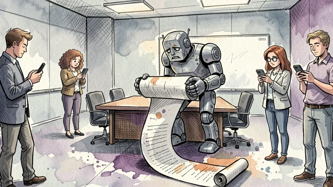 Dejected agent robot holding a huge roll of paper that unrolls across the meeting room floor, while the people around it stare at their phones and ignore it