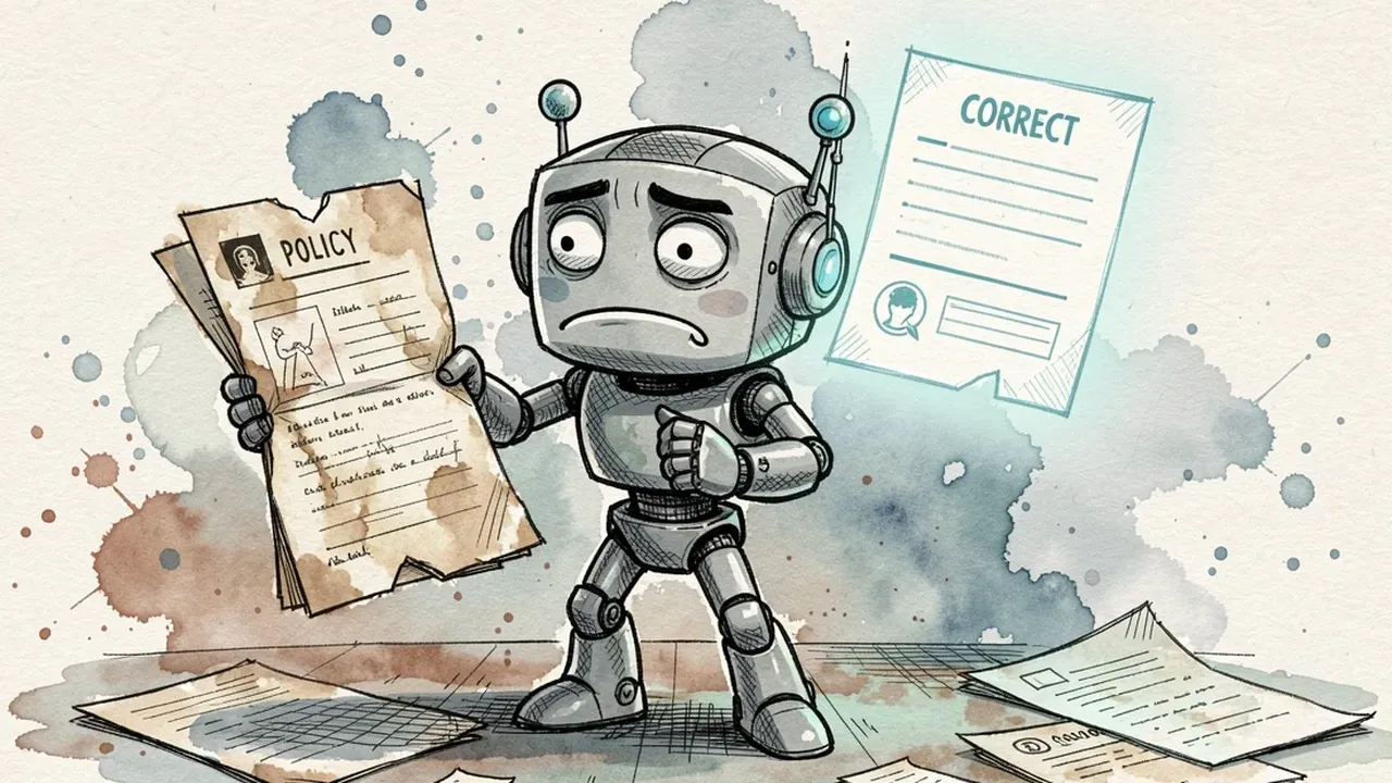 A confused robot agent holding a torn outdated policy page while a correct new version floats beside it, unread