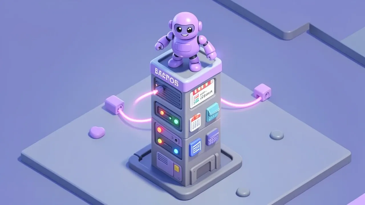 Isometric diorama of a small violet robot landing as a conversation layer on top of an existing system tower labeled with spreadsheet and database icons, not replacing the tower, violet and slate-blue palette