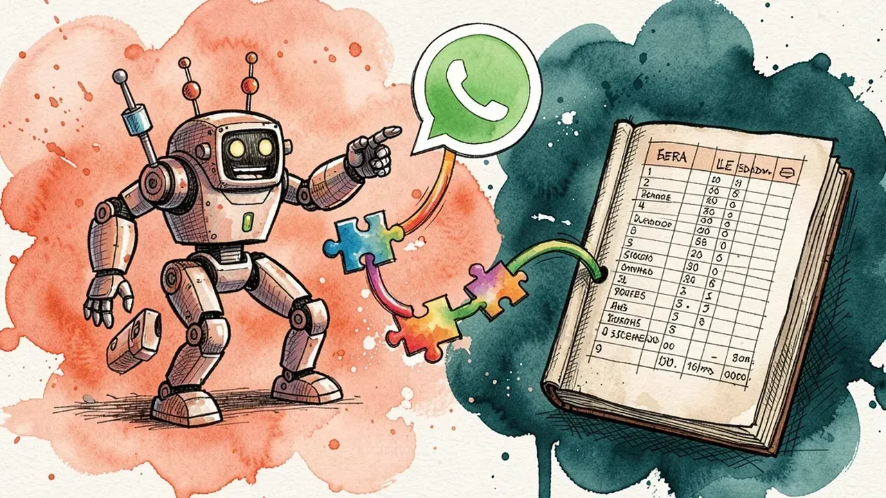 Robot connecting colorful cables between a WhatsApp chat icon and a financial ledger book