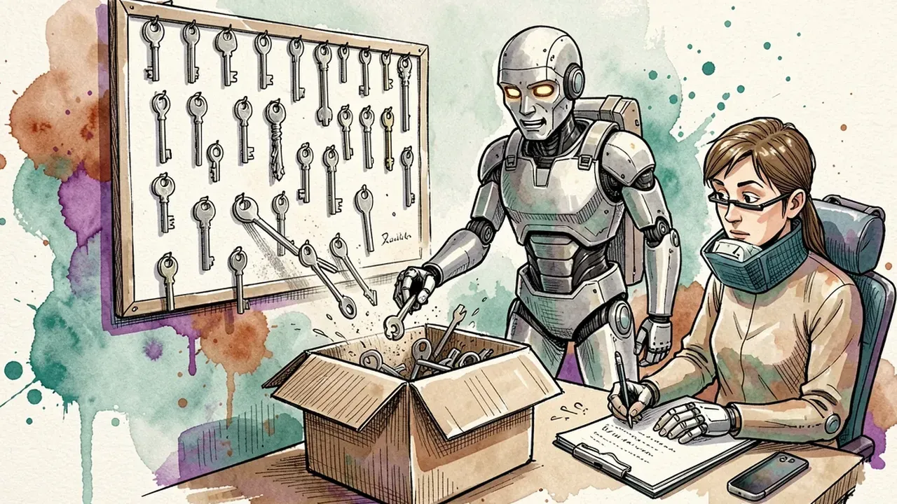 A robot agent taking dusty unused keys off a wall board and dropping them into a cardboard box, while a coworker writes in a logbook