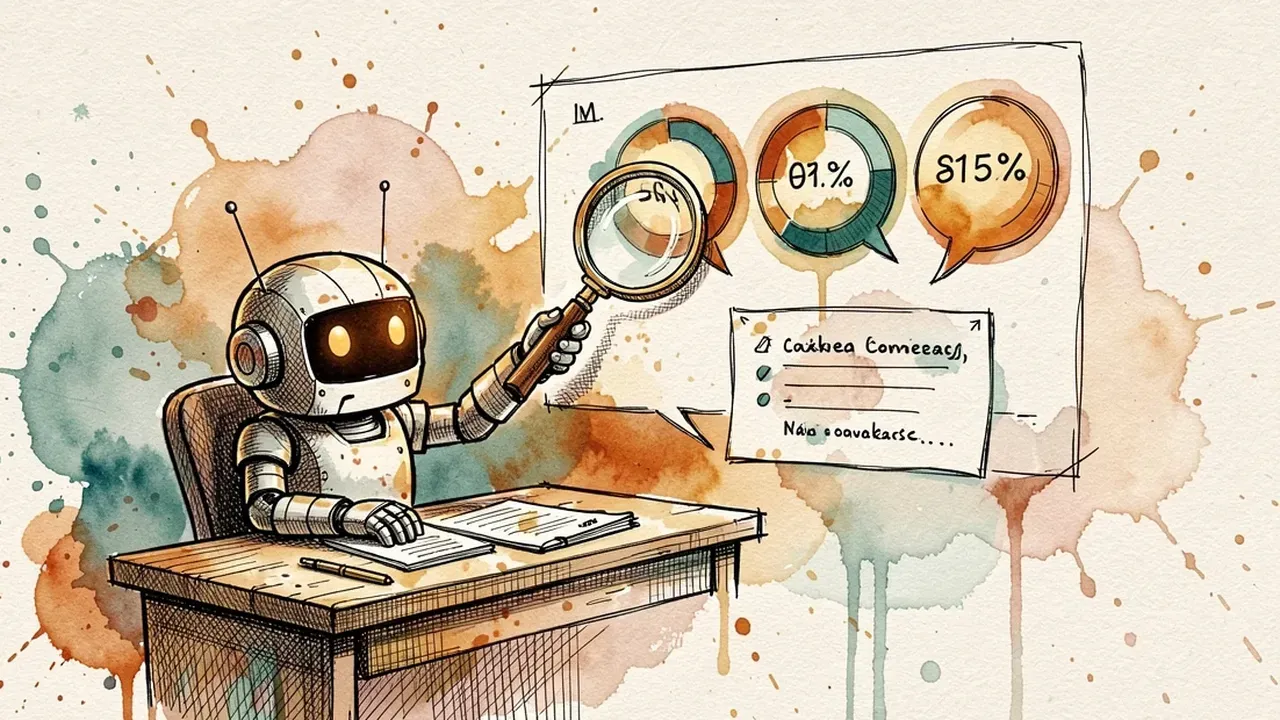 AI agent robot reviewing support metrics with a magnifying glass over a flagged conversation