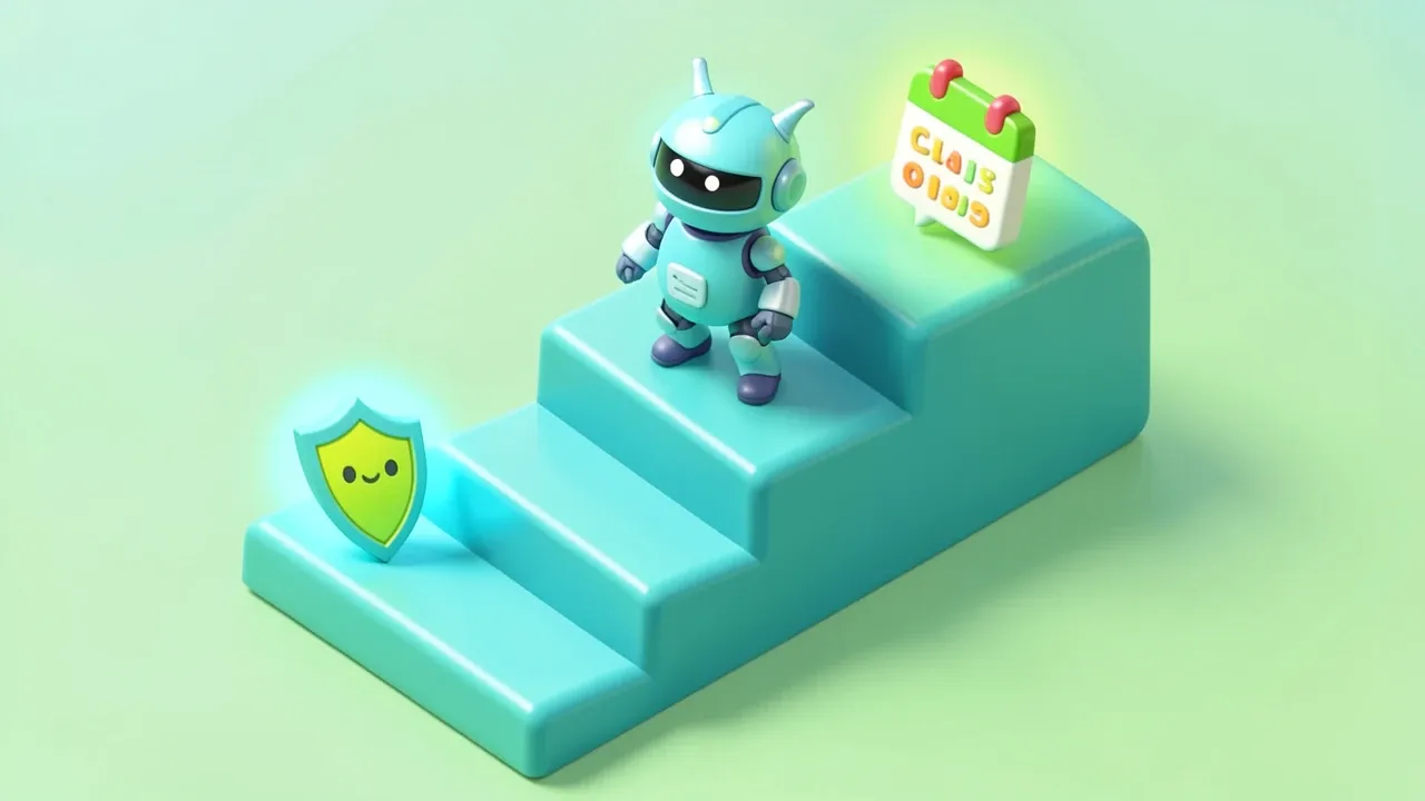Isometric diorama of three rising steps with an agent robot climbing, each step with a different icon, WhatsApp, a renewal calendar, and a claims shield, turquoise and lime palette