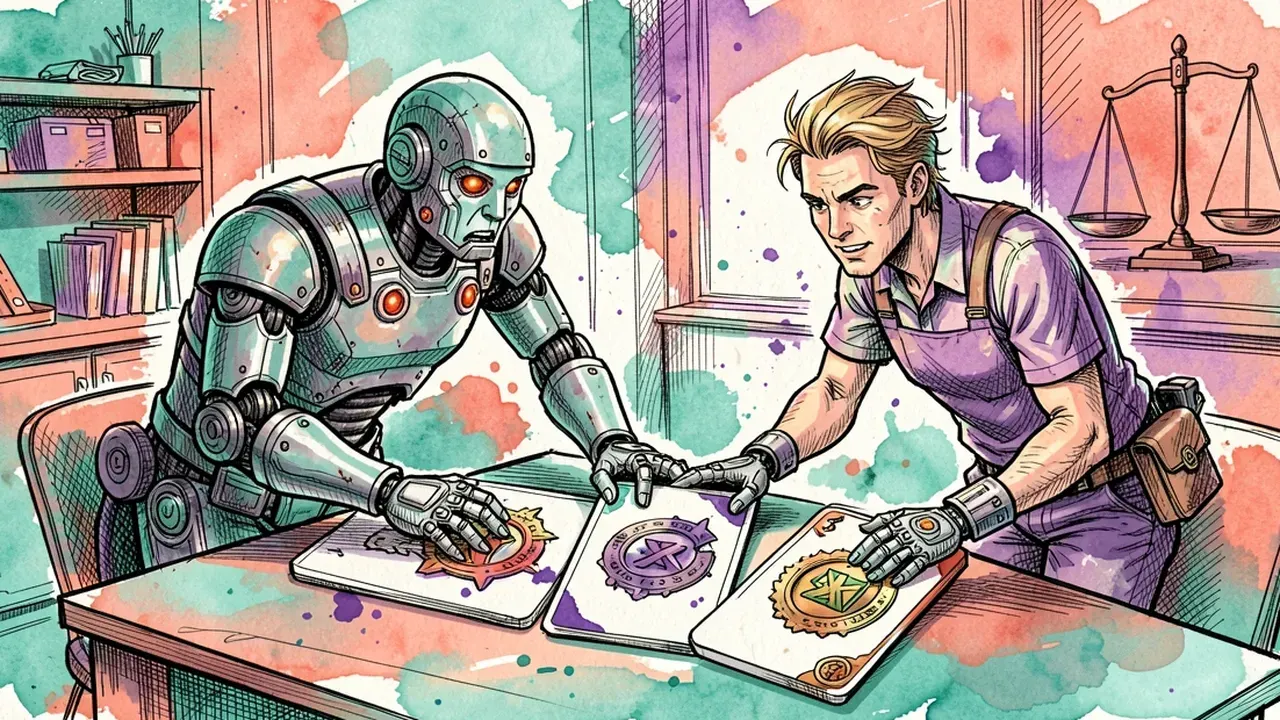 Man and agent robot leaning over a table comparing three tool cards, each card with a different badge, with a balance scale on a shelf in the background
