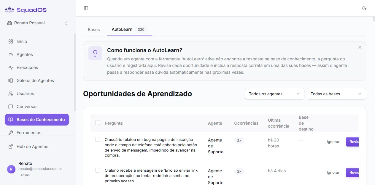 AutoLearn screen with pending opportunities